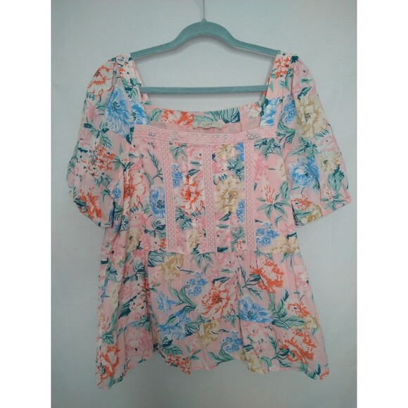 Loft Top XXL Pink Floral Puff Sleeve Popover Blouse Lace Tiered Country Cottage - Picture 1 of 8